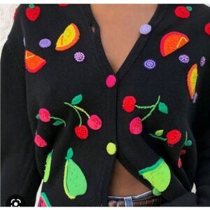 VTG Y2K Talbots Black Fun Cardigan Sweater Bright Fruit Appliqué And Hand Beadin